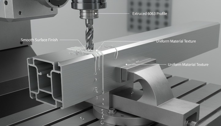 6063 хөнгөн цагааны шахмал нь CNC боловсруулалтанд хамрагдаж, аноджуулах гадаргуугийн маш сайн чанарыг харуулж байна