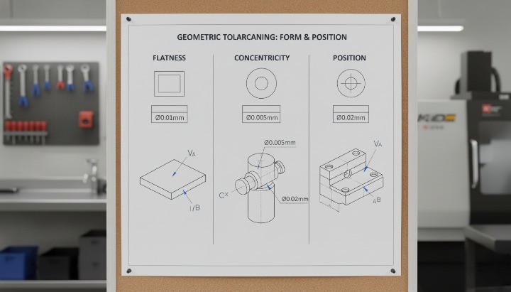 GD&T controls such as flatness, concentricity, and true position.