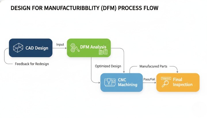 Design for manufacturability workflow linking CAD design, DFM analysis, CNC machining, and quality inspection