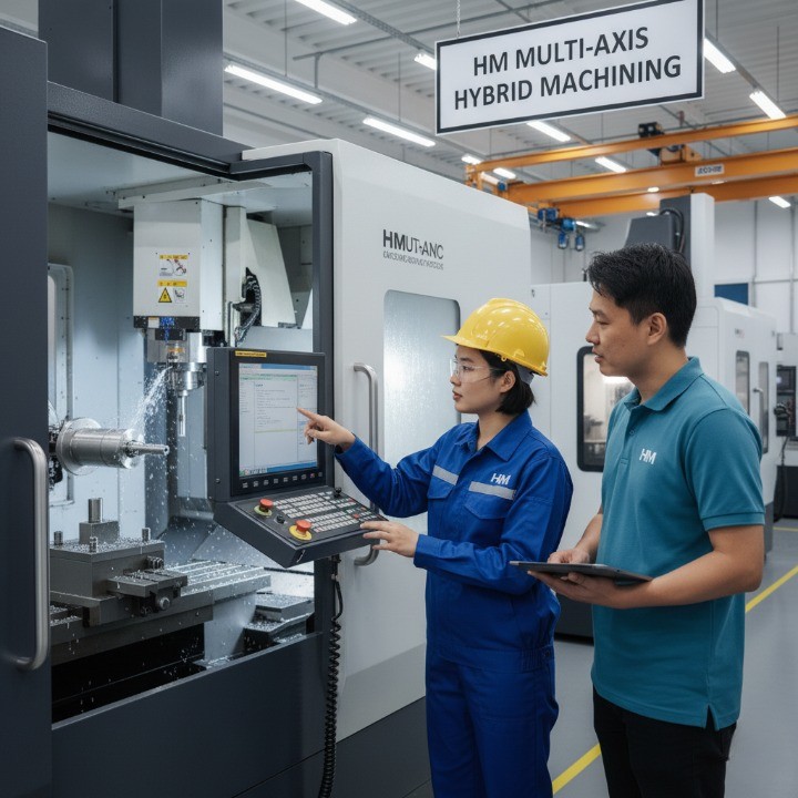 HM engineers managing multi-axis CNC hybrid machining center.