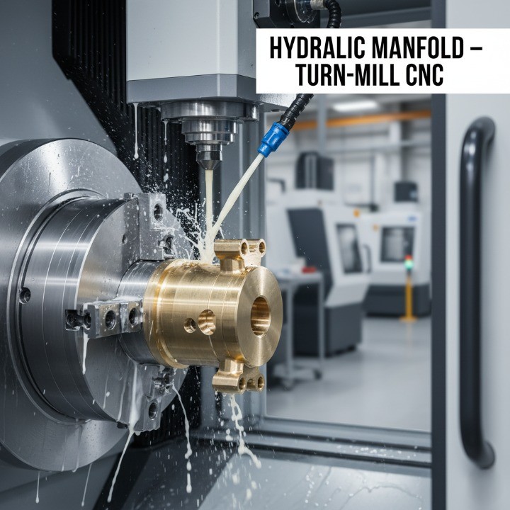 Turn-mill hybrid CNC machining of hydraulic manifold.