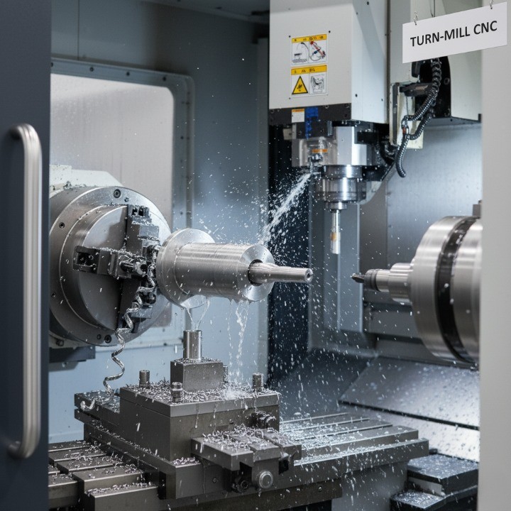 Turn-mill CNC performing milling and turning on one setup.