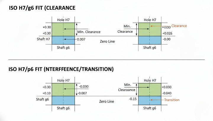 ISO 286 fit chart showing common shaft–hole combinations for clearance, transition, and interference fits