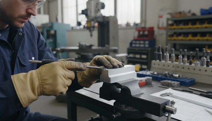 Deburring process removing sharp edges on a CNC-machined part according to edge break instructions