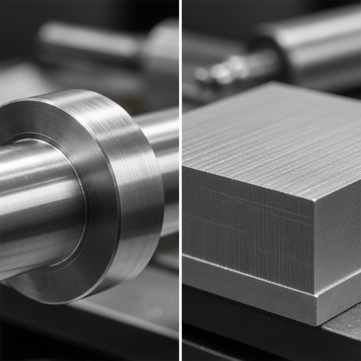 Comparison of surface finish on CNC turned and milled metal surfaces.