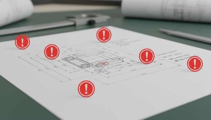 CNC machining drawing annotated with common DFM mistakes like missing tolerances and vague surface finish notes