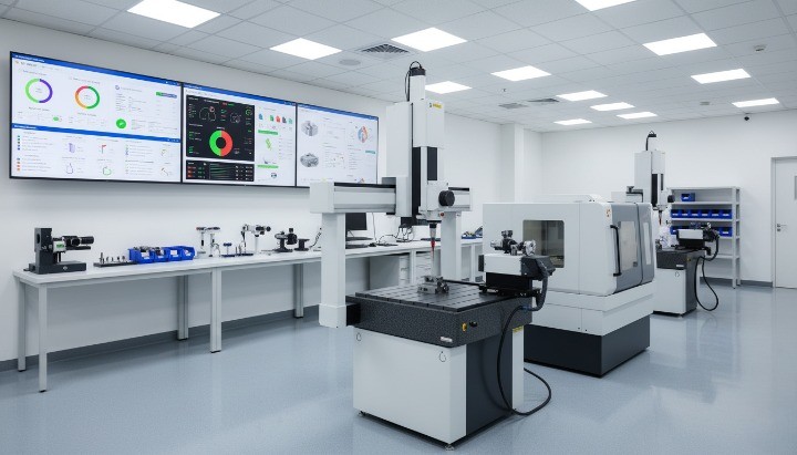 Quality lab for CNC machining with CMM vision system and digital quality management software for inspection data