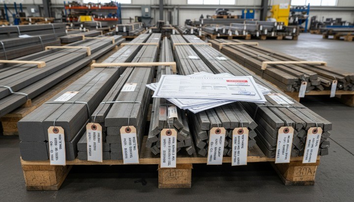 Incoming quality control for CNC machining with labeled metal bars material certificates and batch traceability.