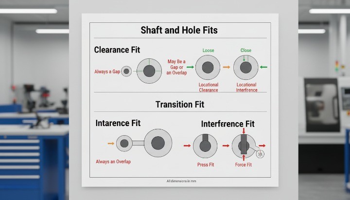 Functional fit types used in CNC machining for shaft-hole assemblies