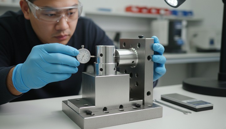 Final inspection of CNC machined mechanical assemblies verifying fit and function before shipment