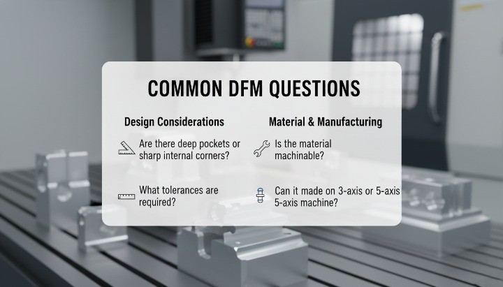 FAQ graphic overlay on CNC machined parts illustrating common DFM questions for RFQ preparation