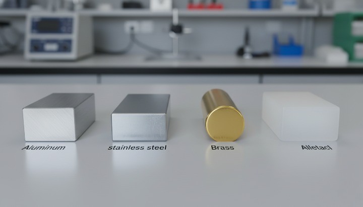 Material samples used in CNC machining including aluminum 6061, stainless steel 304, brass, and engineering plastics.