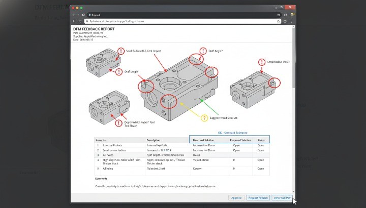 Supplier DFM analysis screenshot showing tolerance alerts, thin-wall warnings, and machining accessibility notes
