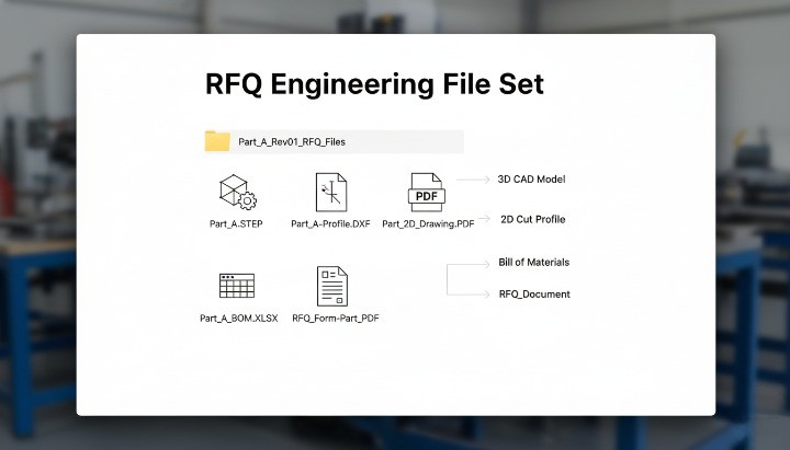Complete CNC machining RFQ package including STEP file, DXF, 2D drawing PDF, BOM, and RFQ form