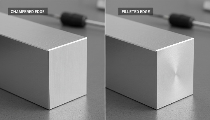 Comparison of chamfered and filleted CNC-machined edges showing different geometry and machining characteristics