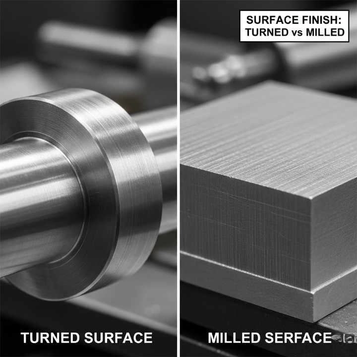 Comparison of CNC turned vs milled surface finish under microscope