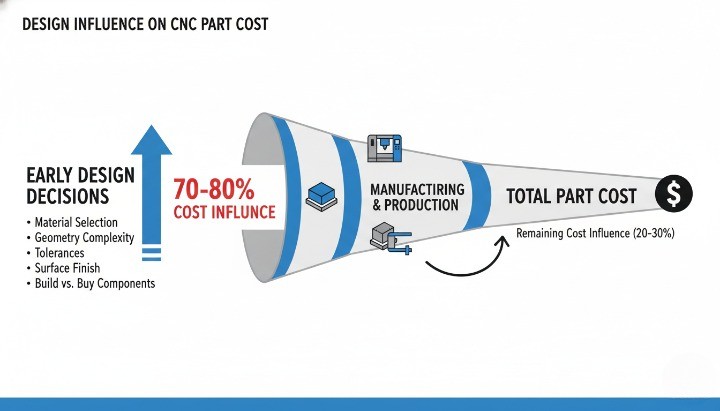 Curve showing that most CNC machining cost is committed during the design phase, not on the shop floor