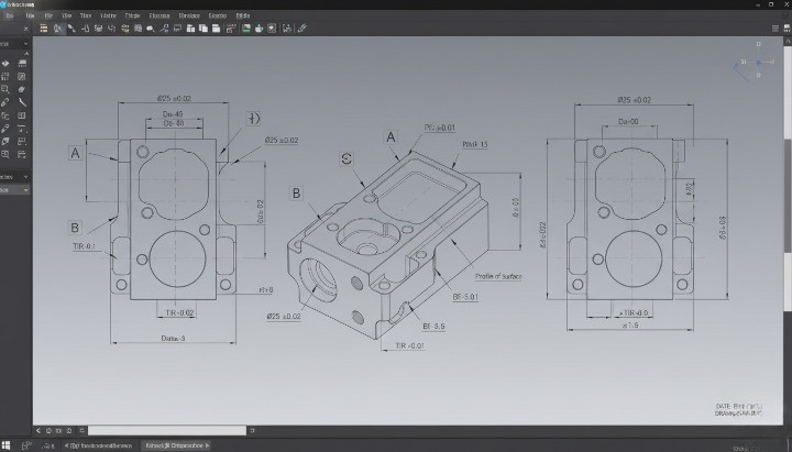 Engineering drawing displaying critical tolerances and GD&T callouts for CNC machining