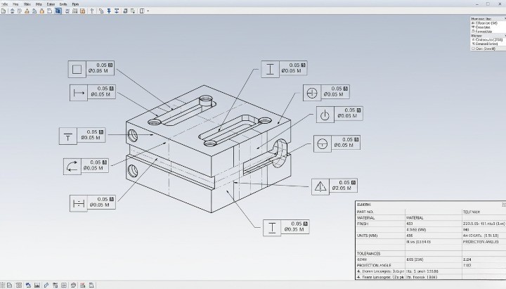 Engineering drawing with CNC machining tolerances, GD&T controls, and title block