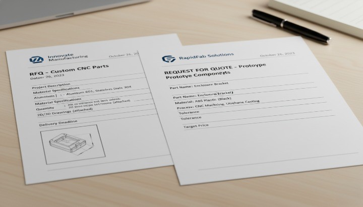 Comparison of complete and incomplete CNC machining RFQ submissions showing typical required documentation