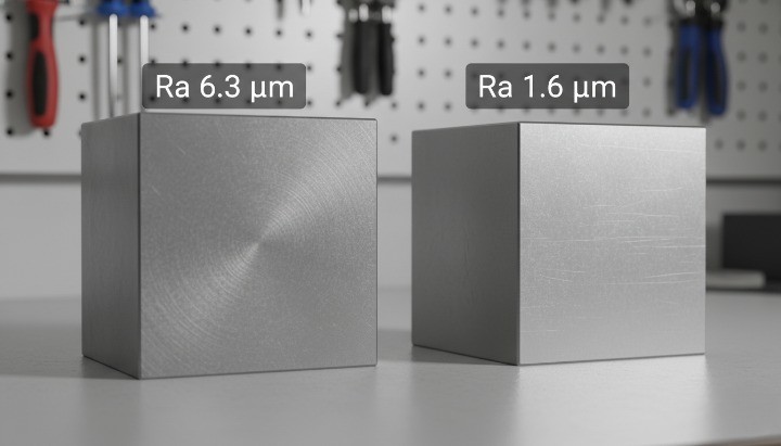 Comparison of different surface roughness values (Ra) showing how finish requirements influence CNC machining time
