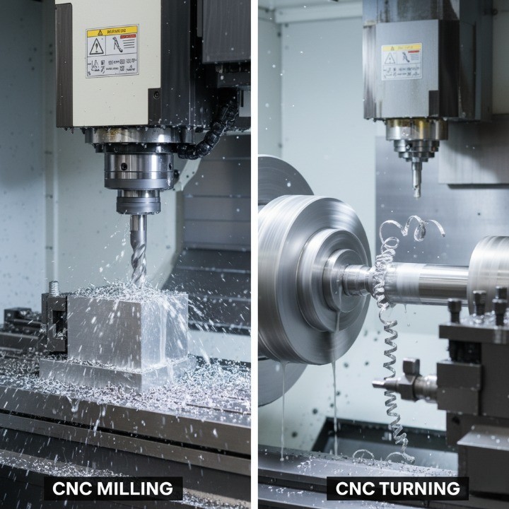 CNC milling vs CNC turning comparison — motion and setup differences