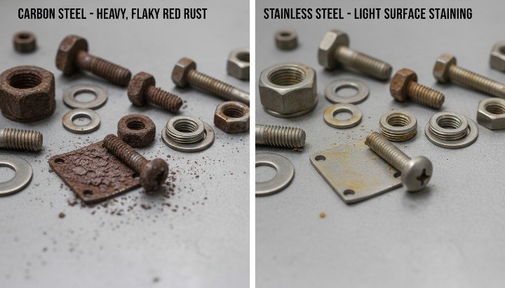 Difference between rust on carbon steel and surface staining on stainless steel