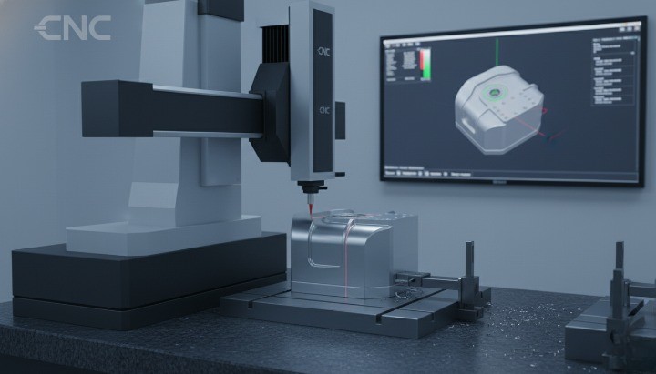 CMM inspecting CNC machined robot joint housing for critical bearing bore tolerances