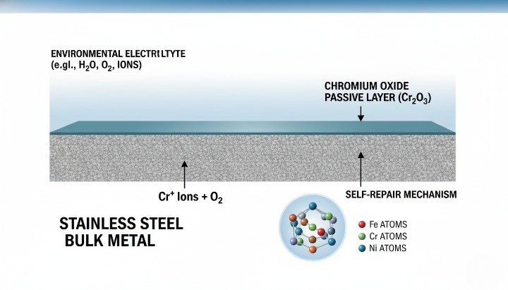 Chromium oxide passive layer protecting stainless steel from corrosion
