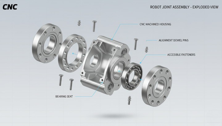 CNC machined robot joint assembly designed for repeatable alignment and easy service