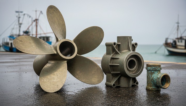 Marine grade bronze propeller vs corroded brass fitting in saltwater environment