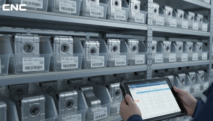 Traceability system for CNC machined robotics components with labeled batches and digital records