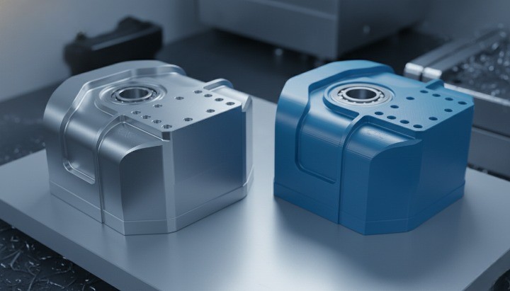 omparison between CNC machined aluminum robotics component and 3D printed prototype part