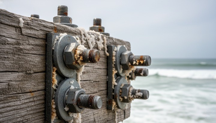 Outdoor stainless steel fasteners showing corrosion risk in coastal areas