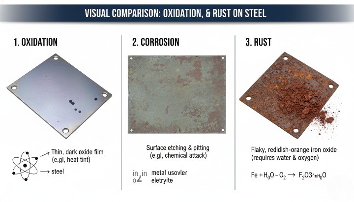 Oxidation versus corrosion versus rust on steel and stainless steel surfaces
