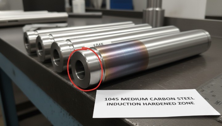 1045 steel induction hardening zone on shaft for wear resistance and fatigue performance