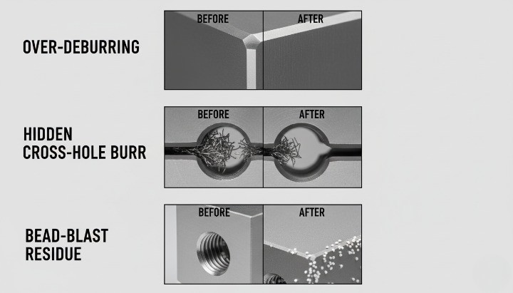 Common CNC deburring problems including over-deburring, hidden internal burrs, and trapped media