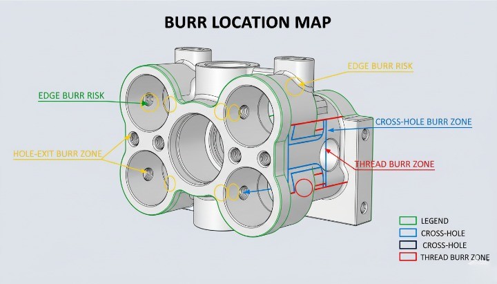 Burr locations on CNC parts including edges, hole exits, cross-holes, and threads