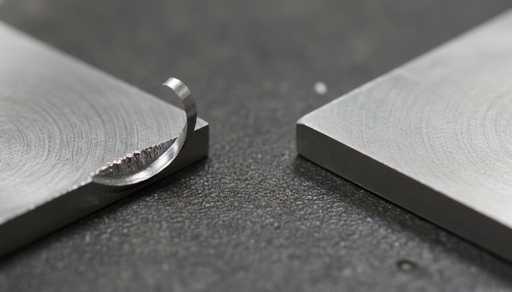 CNC deburring example showing burr removal on a machined aluminum edge