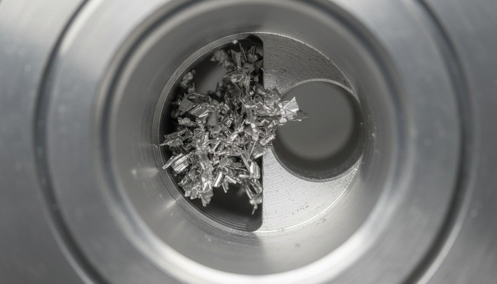 Cross-hole burr at an internal intersection in a CNC machined port that requires specialized deburring