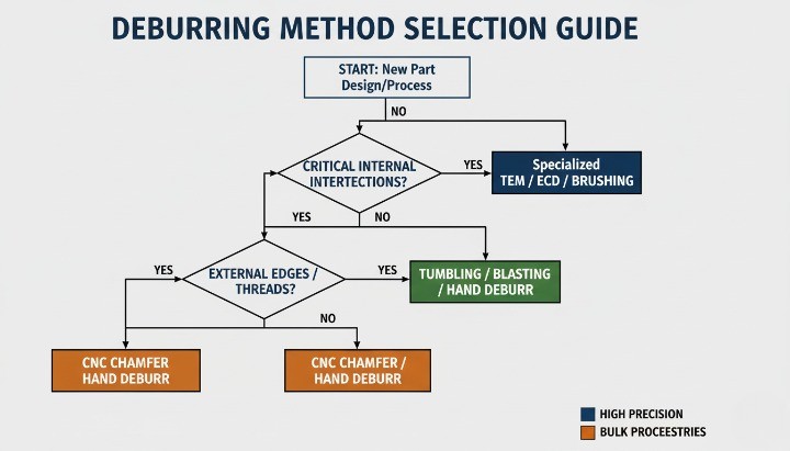Deburring method decision tree based on burr location, volume, and tolerance risk