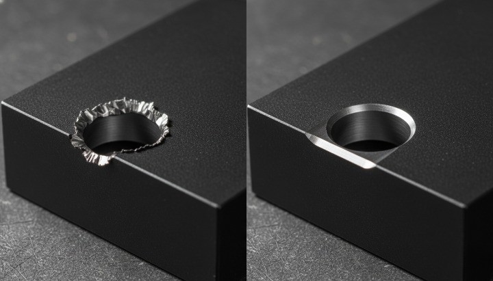 Drilling exit burr on a CNC machined hole before deburring