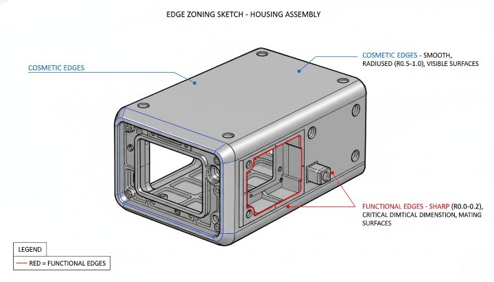 Edge zoning for burr-free requirements on CNC machined metal parts
