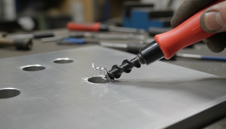Manual deburring tool removing burrs from a CNC drilled hole edge
