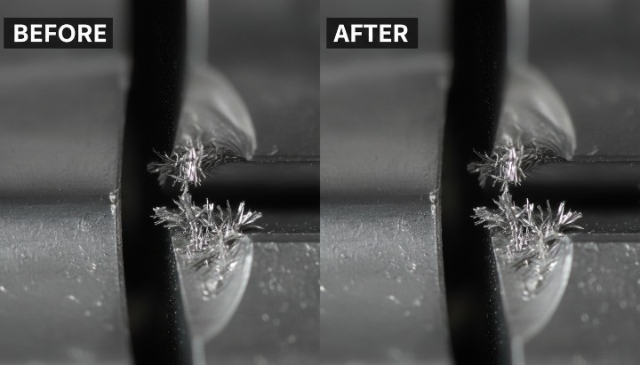 Brush deburring removing burrs at a cross-hole intersection inside a metal part