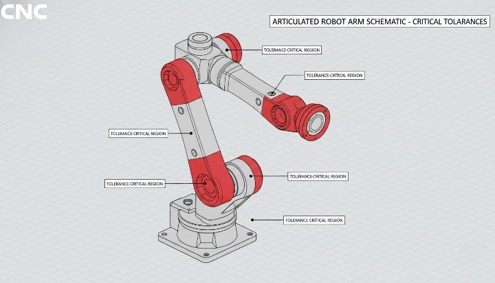Tolerance critical zones on an articulated robot arm for CNC machined components