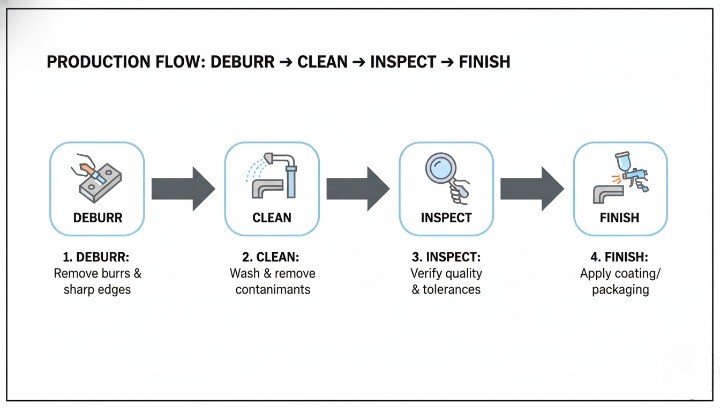Repeatable CNC deburring workflow for burr-free metal parts in production