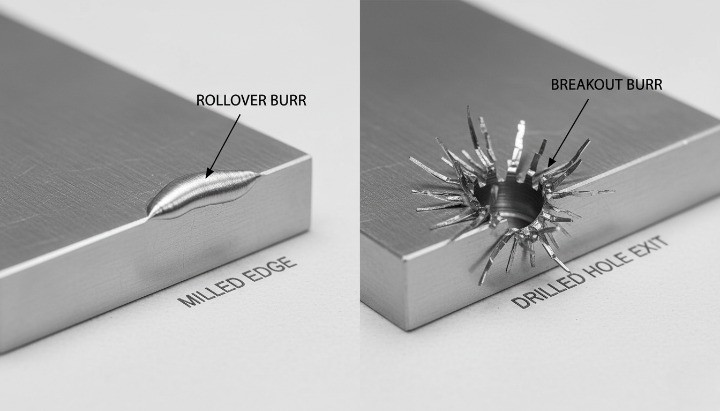 Rollover burr on a CNC milled edge and breakout burr on a drilled hole exit before deburring