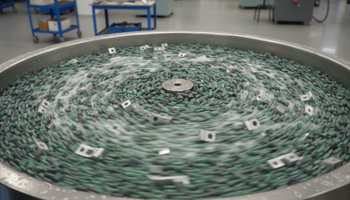 Vibratory tumbling deburring process for batch burr removal on metal parts