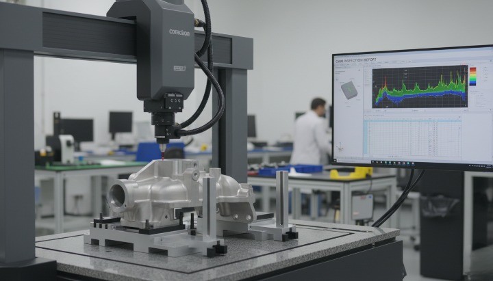CMM inspection for energy components verifying datums, true position and profile on CNC machined parts